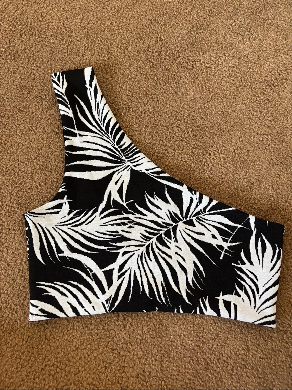 Zara Black & White One-Shoulder Palm Crop Top M/L